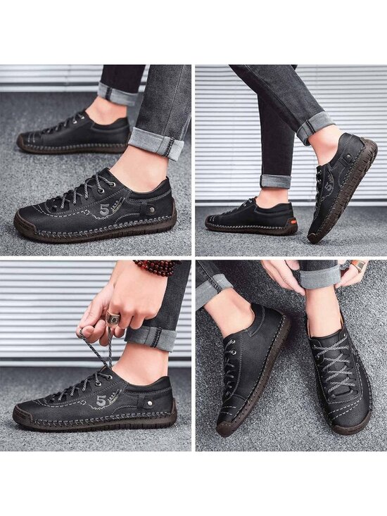?Mens Black Casual Sneakers Walking Shoes Hand Made Leather Dress Flats Shoes